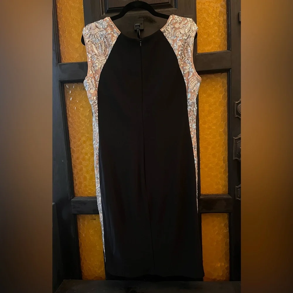 R&M Richards Black Cocktail Midi Dress with Tan & Silver Details - Picture 3 of 7